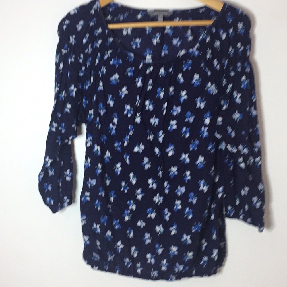 Daisy Fuentes Navy Peasant Blouse Flower Detail Size Large